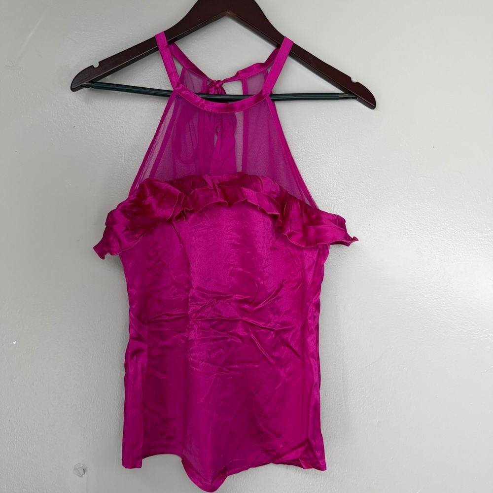 Marciano Women Magenta Pink Silk Blend Ruffle Mesh Halter Top Blouse Small NWT